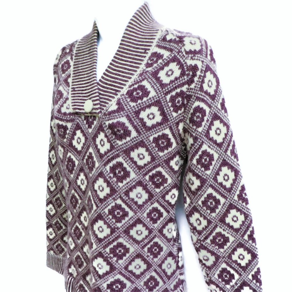 Vintage Sweater Purple White Knit Faux Granny Square Ribbed Shawl Cuffs Hem S M
